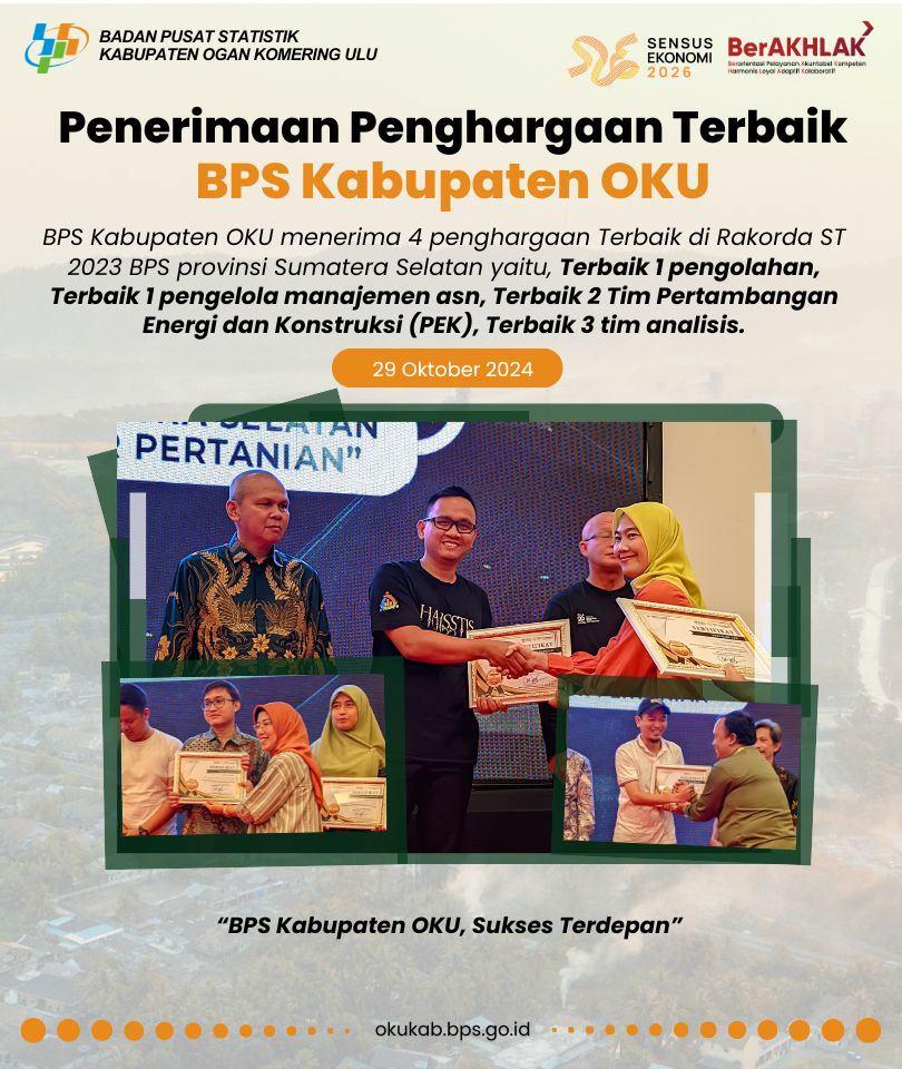 Penerimaan Penghargaan Terbaik BPS Kabupaten OKU di Rakorda ST 2023 BPS provinsi Sumatera Selatan