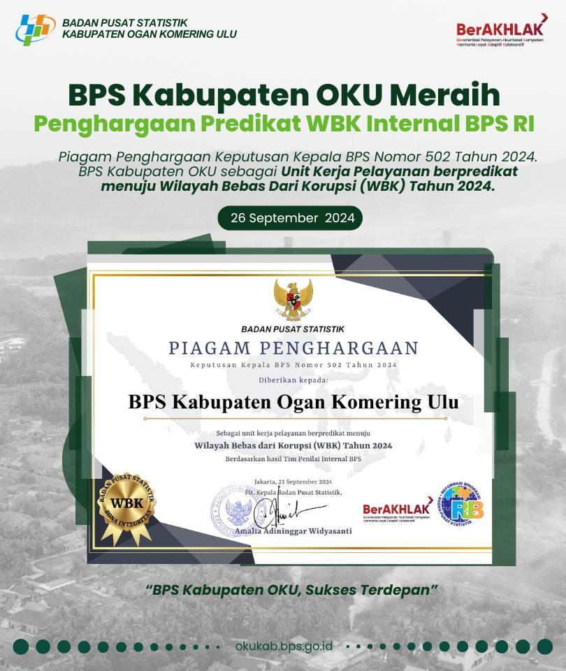 BPS Kabupaten OKU meraih penghargaan predikat WBK Internal 2024 dari BPS RI